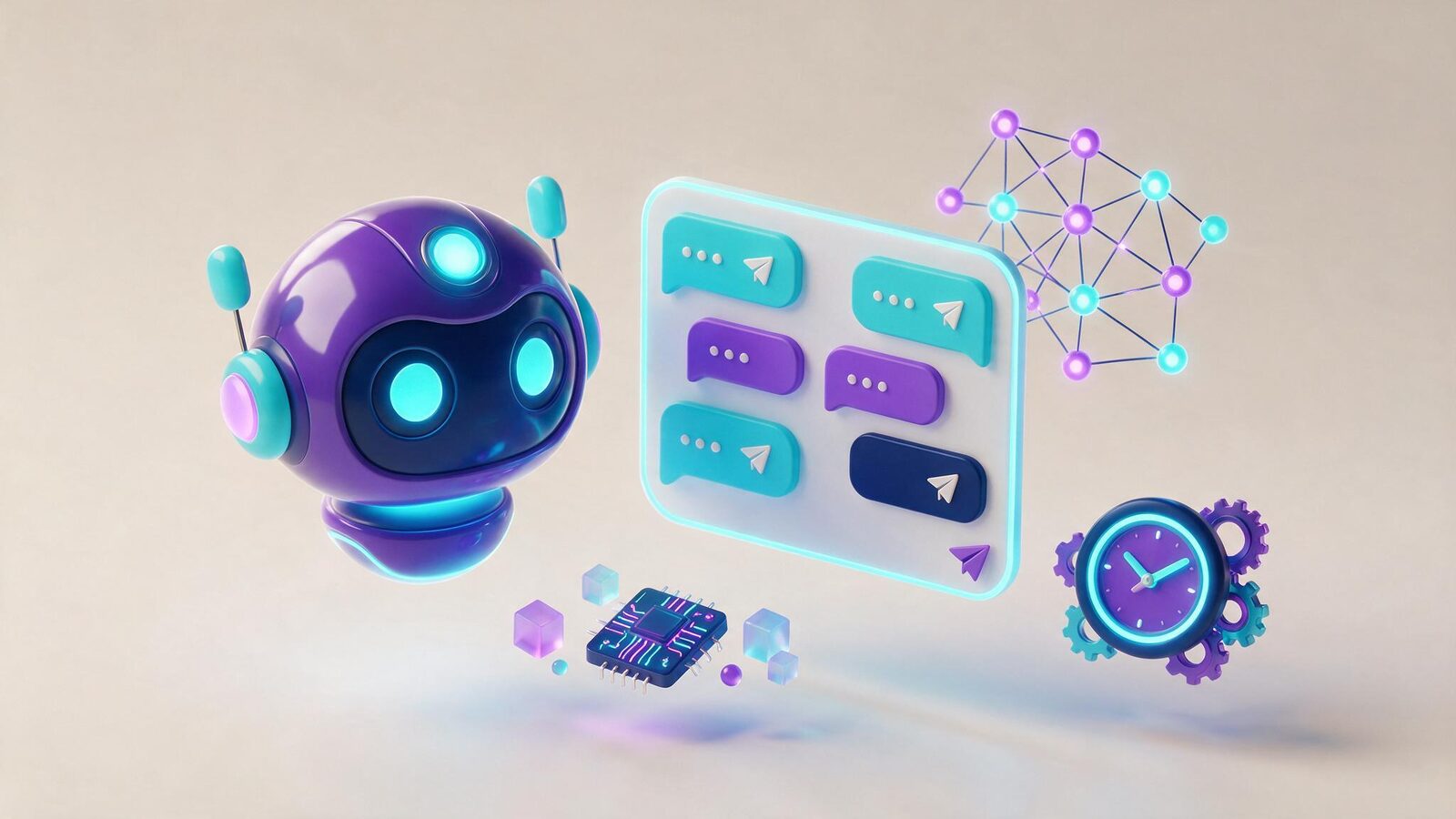 Ilustración 3D de un agente de IA: robot asistente junto a una conversación de chat y una red neuronal