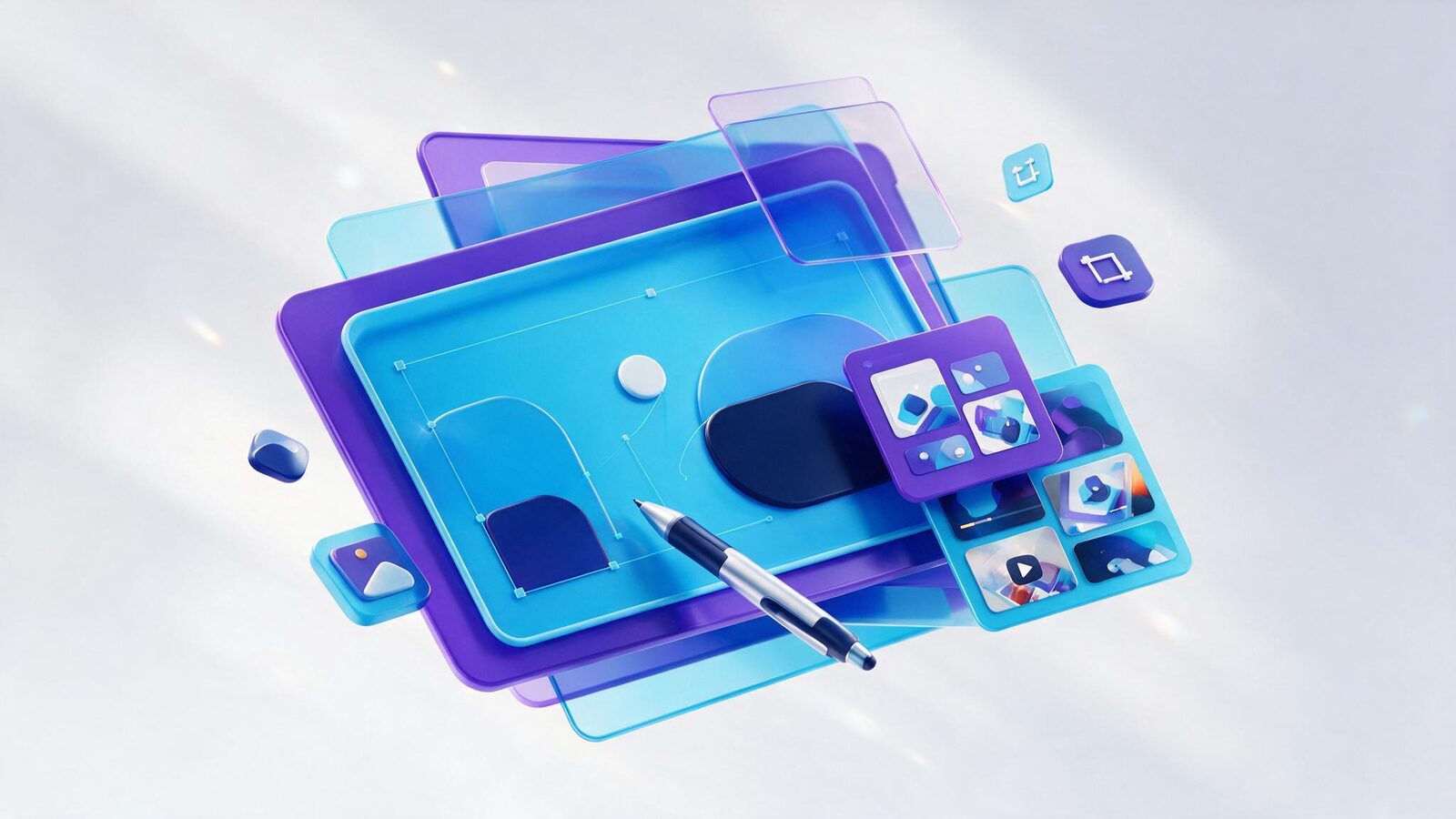 Ilustración 3D de creación de contenido: mesas de trabajo de diseño superpuestas con miniaturas de imagen y video