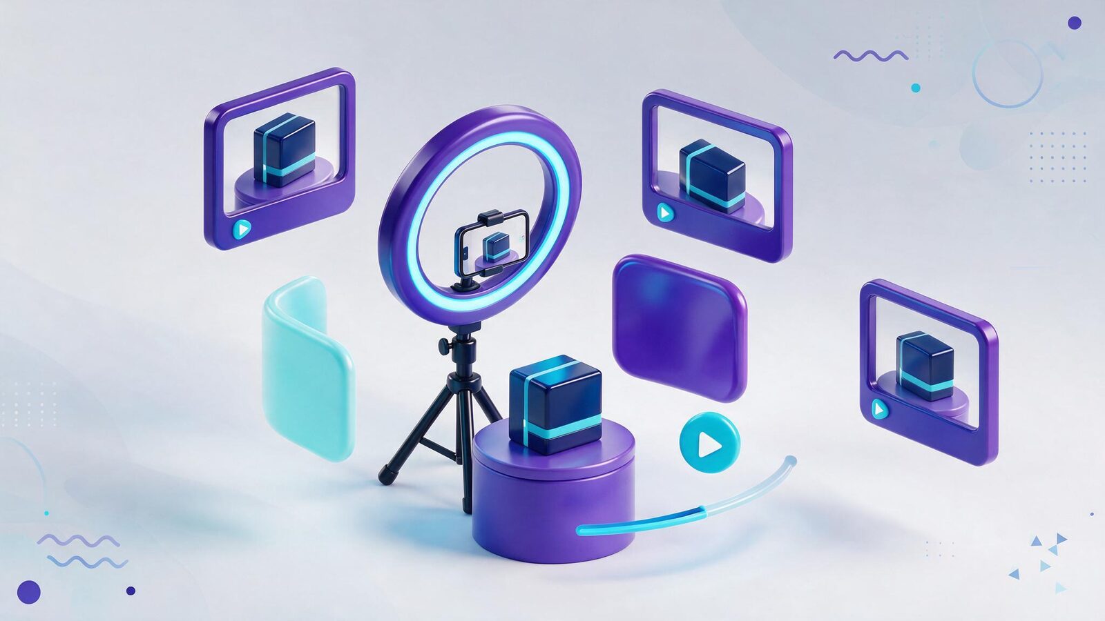 Ilustración 3D de un set de creador UGC: teléfono en aro de luz grabando un producto