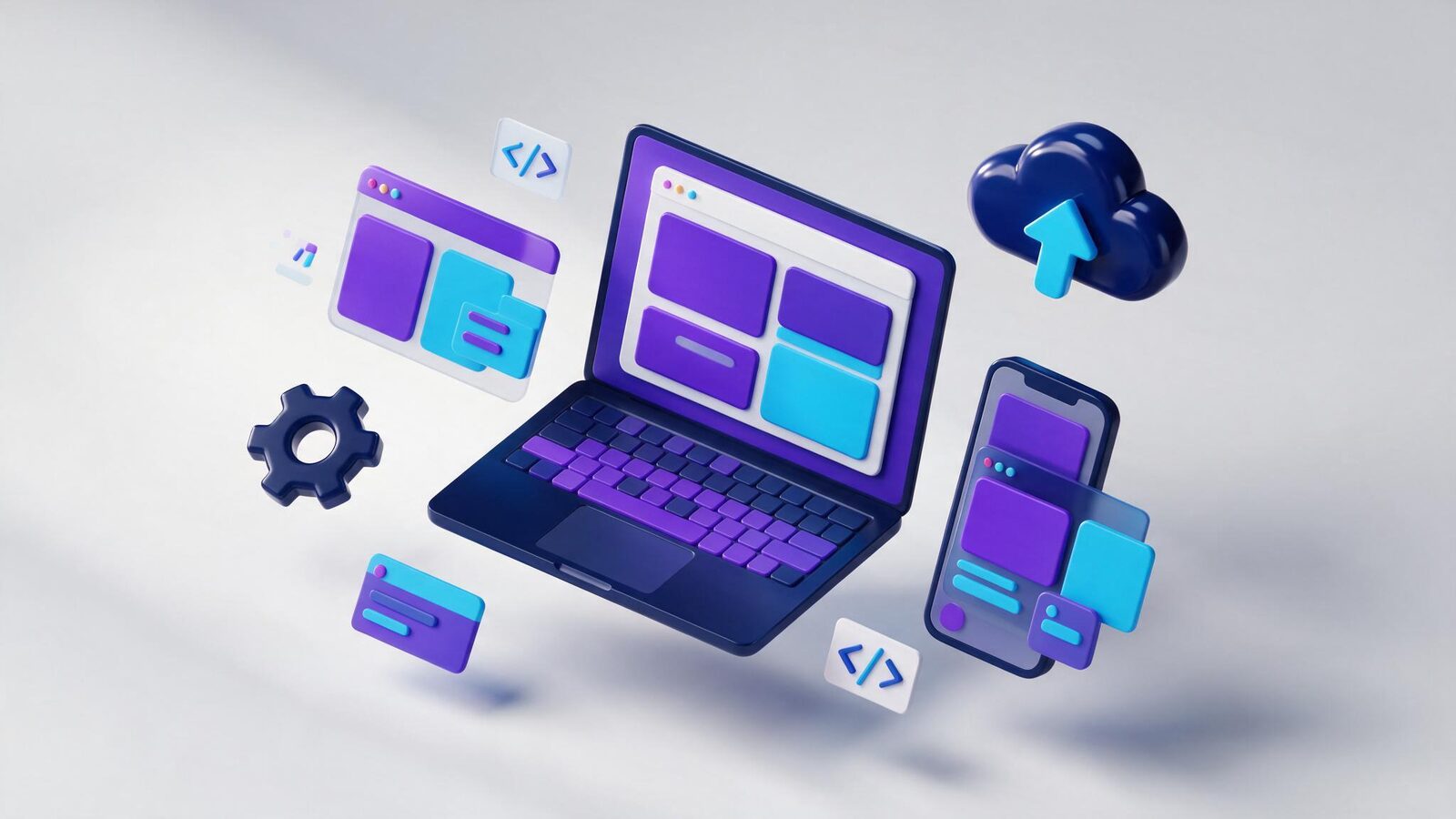 Ilustración 3D de desarrollo web: laptop con maquetación de sitio junto a dispositivos responsivos