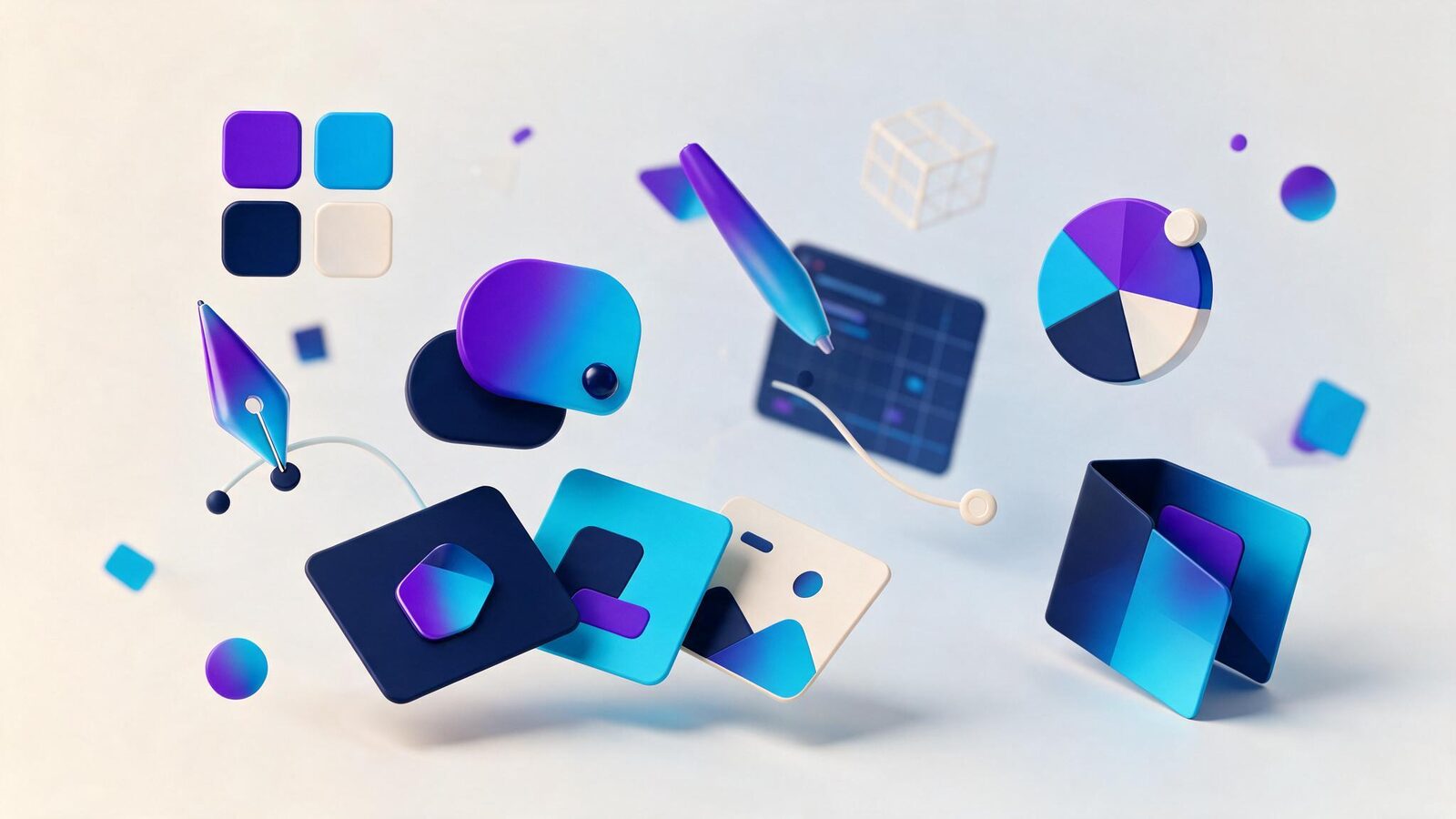 Ilustración 3D de diseño gráfico: paleta de colores, pluma vectorial y piezas de identidad de marca