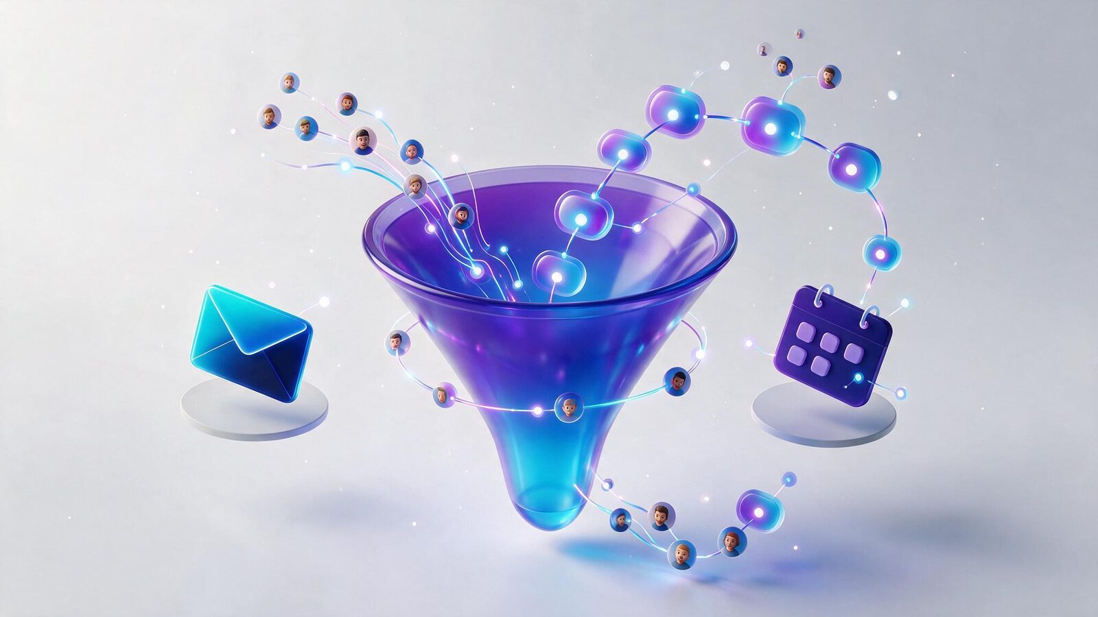 Ilustración 3D de un embudo de ventas con prospectos fluyendo y nodos de automatización