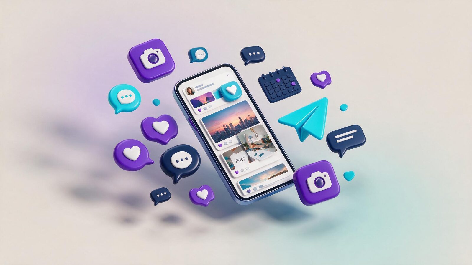 Ilustración 3D de gestión de redes sociales: teléfono con feed de contenido rodeado de iconos de interacción