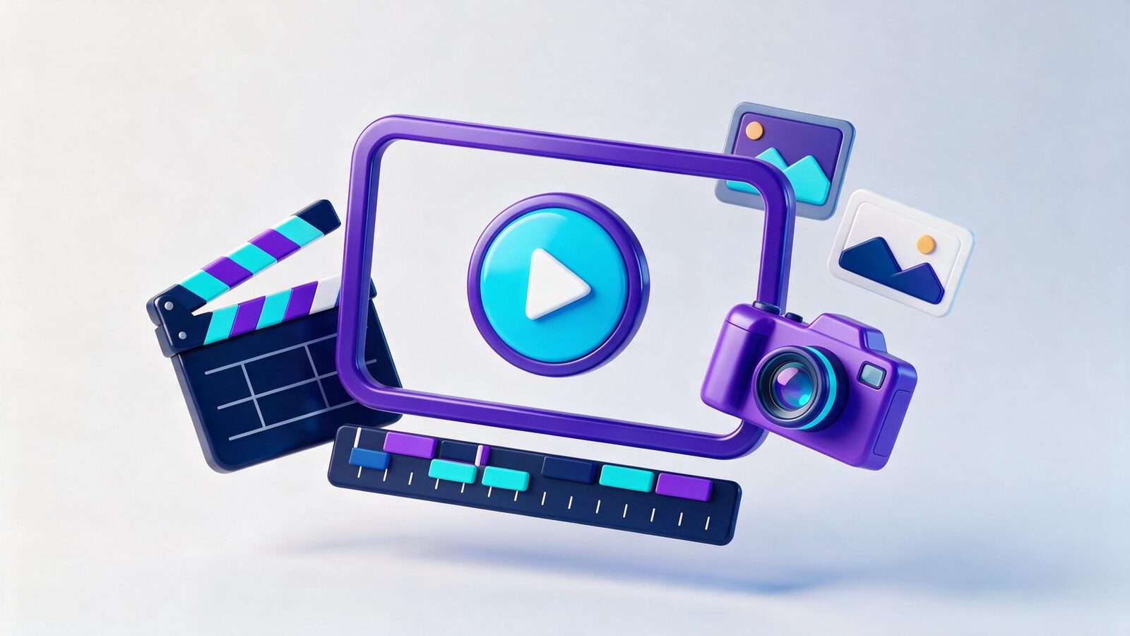 Ilustración 3D de video marketing: reproductor con botón de play, claqueta y línea de tiempo de edición
